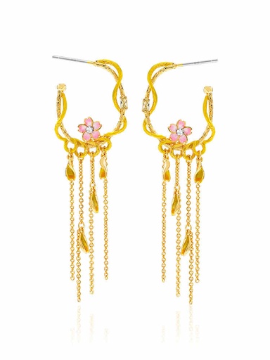 Cherry Blossom Flower Pearl Tassel Enamel Dangle Earrings