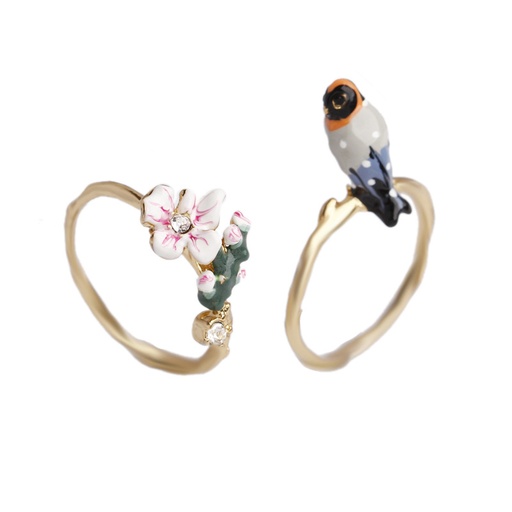 Hand Painted Enamel Glazed Cherry Blossoms Flower Ring sets Gold Plated Copper
