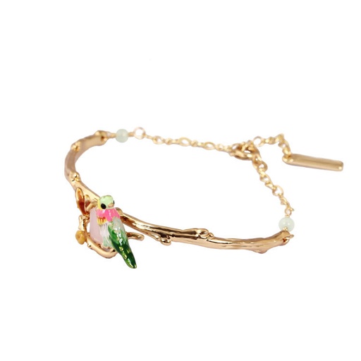 Hand Painted Enamel Glazed Colorful Hummingbird Faceted Gemstone Bracelet Gold Plated Copper