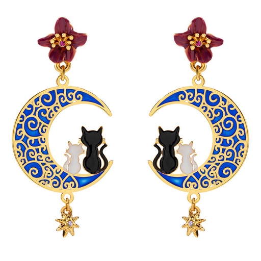 Couple Cat Kitty Kitten on Moon Enamel Stud Dangle Earrings Jewelry Gift