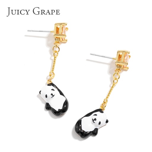 Hand Painted Enamel Glazed Cute Panda Inlaid Gem 925 Silver Needle Earrings