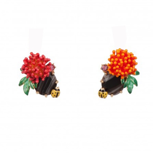 Red Yellow Flower Ladybug And Stone Asymmetrical Enamel Earrings