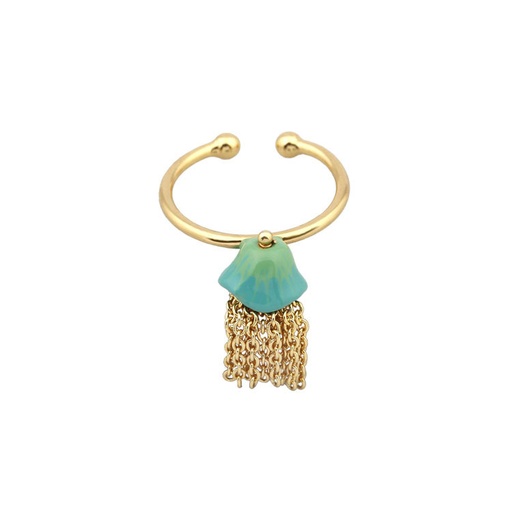 Hand Painted Enamel Glazed Jellyfish Chain Tassel Open Cuff Adjustable Ring Gold Plated