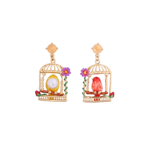 Bird On A Cherry Blossom Branch Tassel Enamel Stud Earrings