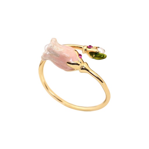 Pink Flower Bud With Pearl Enamel Adjustable Ring Jewelry Gift