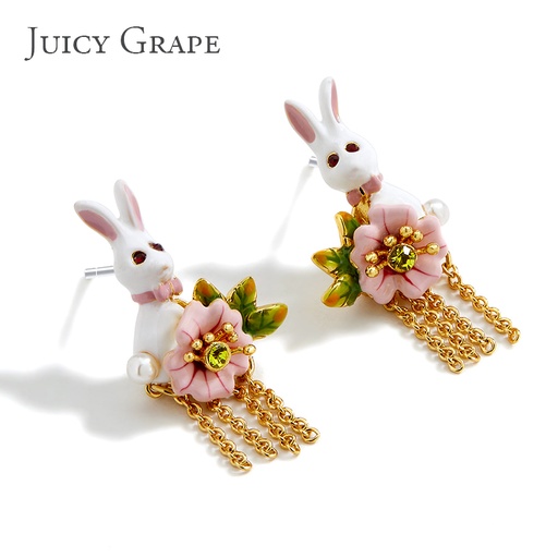 Rabbit and Flower Tassel Enamel Earrings