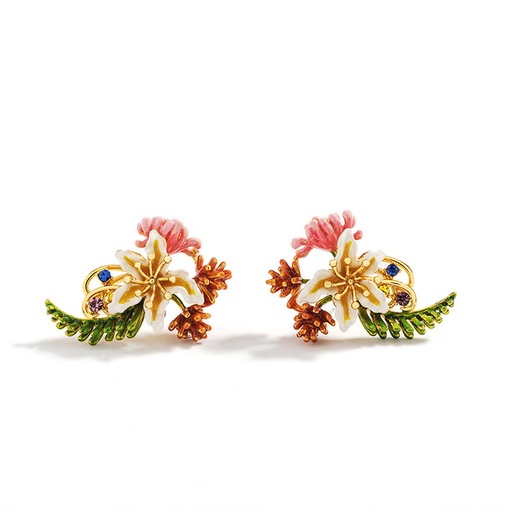 White Pink Flower Leaf And Crystal Enamel Stud Earrings Jewelry Gift
