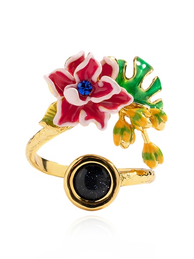 Red Flower Yellow Bud And Stone Enamel Adjustable Ring