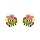 Pink Flower And Crystal  Enamel Stud Earrings Jewelry Gift