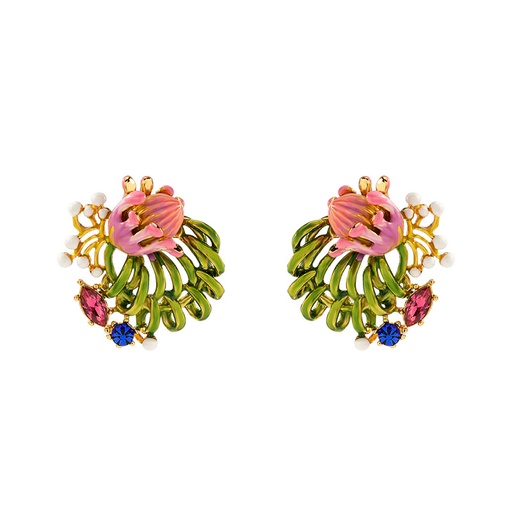 Orange Red Flower Bud Tassel And Green Leaf Enamel Dangle Earrings Jewelry Gift