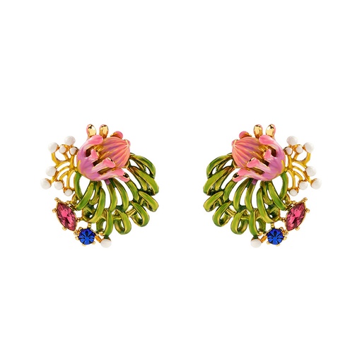 Pink Flower And Crystal  Enamel Stud Earrings Jewelry Gift