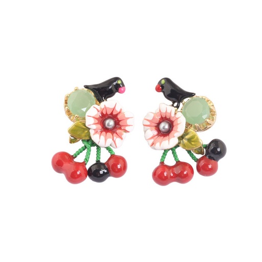 Bird Flower Fruit Cherry And Stone Enamel Stud Earrings