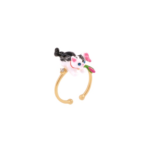 Kitty And Flower Enamel Adjustable Ring