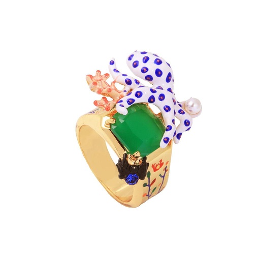 Octopus Coral Ocean And Green Stone Enamel Ring Jewelry Gift
