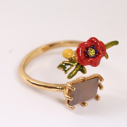 Adjustable Ring With Faceted Crystal and Red Flower