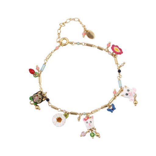 Cat Kitty Flower Enamel Thin Bracelet