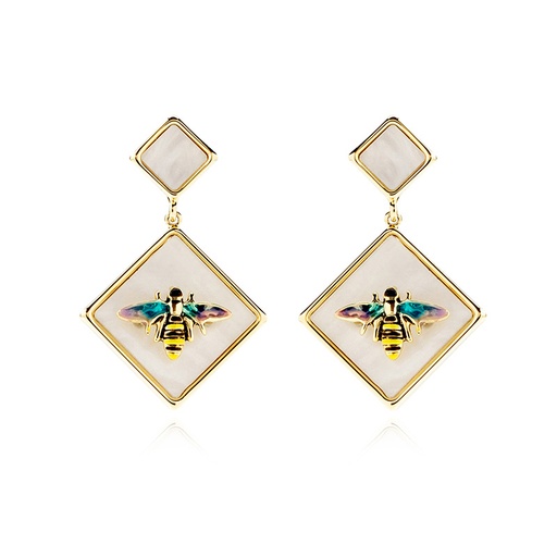 Colorful Bee On Natural Shell  Enamel Dangle Stud Earrings Jewelry Gift