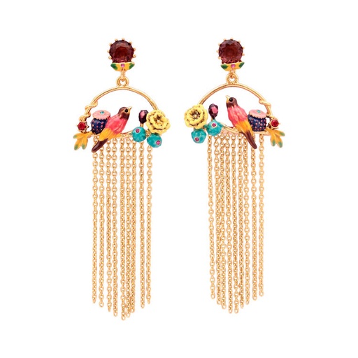 Colorful Bird Yellow Flower Long Tassel Enamel Dangle Earrings Jewelry Gift