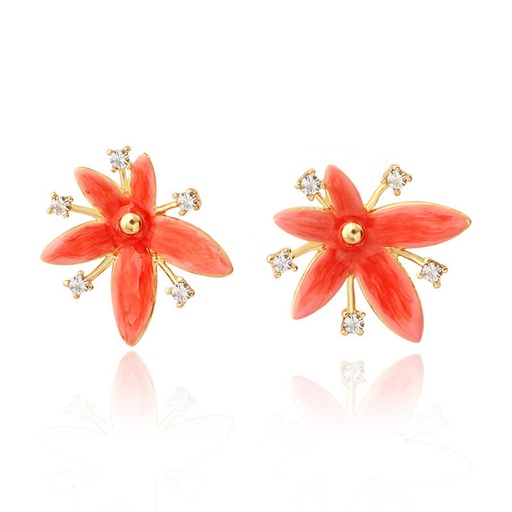 Orange Flower And Zircon Enamel Stud Earrings Jewelry Gift