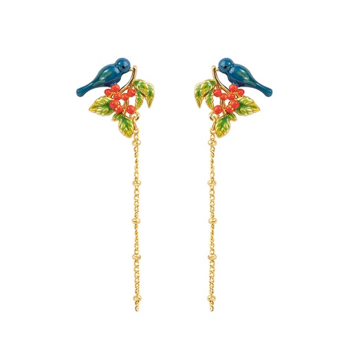 Blue Bird Tassel Enamel Earrings