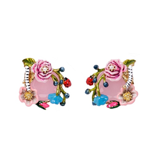 Caterpillar Pink Flower Enamel Stud Earrings