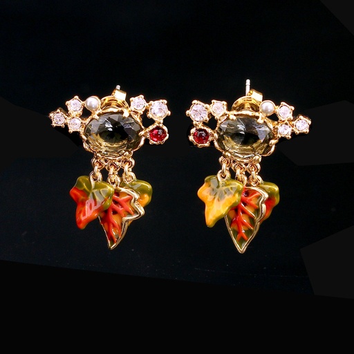 Maple Leaf And Crystal Enamel Stud Earrings
