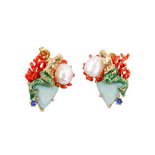 Mermaid Pearl Gem Enamel Earrings Jewelry Stud Earrings