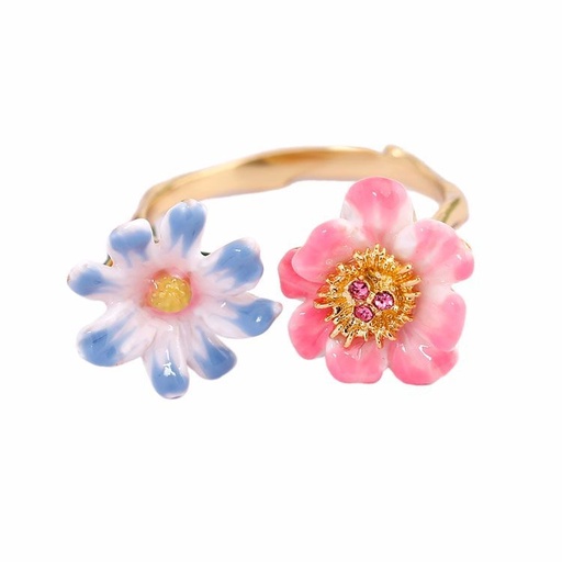 Blue Pink Flower Enamel Adjustable Ring Jewelry Gift