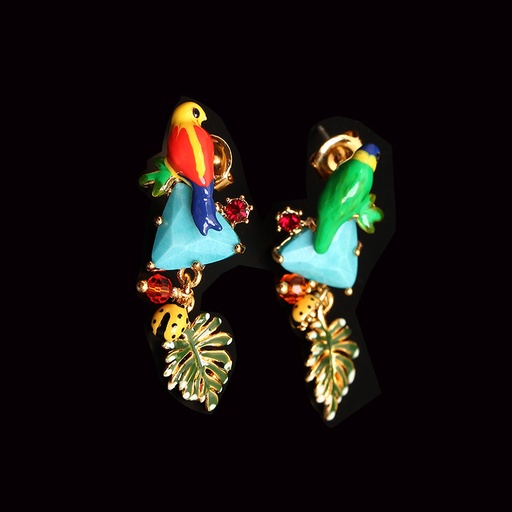 Colorful Green Parrot Bird And Stone Aysmmetrical Enamel Stud Dangle Earrings Jewelry Gift
