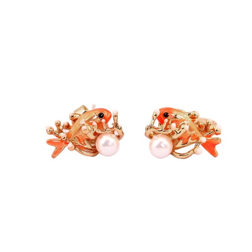 Orange Fish Coral And Pearl Enamel Earrings