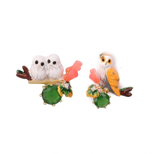 Owl And Stone Asymmetrical Enamel Earrings