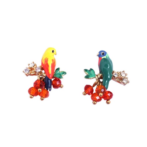 Painting Of Flowers Birds Series Enamel Red Parrot Peony Flower Acrylic Necklace