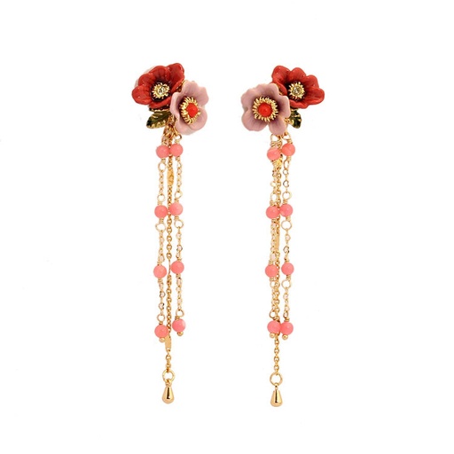 Peony Flower and Tassel Enamel Earrings