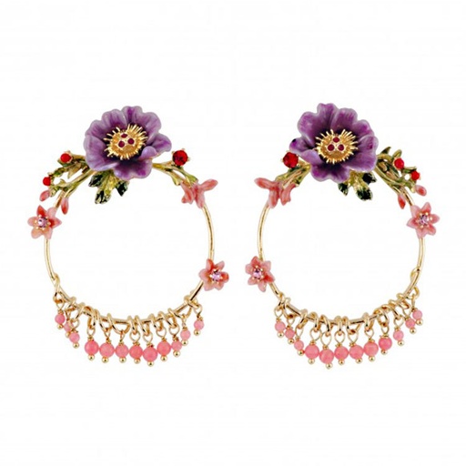 Purple Flower Pink Bead Tassel Enamel Stud Earrings