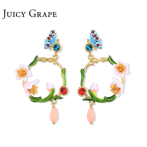 Cherry Blossom Butterfly Enamel Stud Dangle Earrings Jewelry Gift