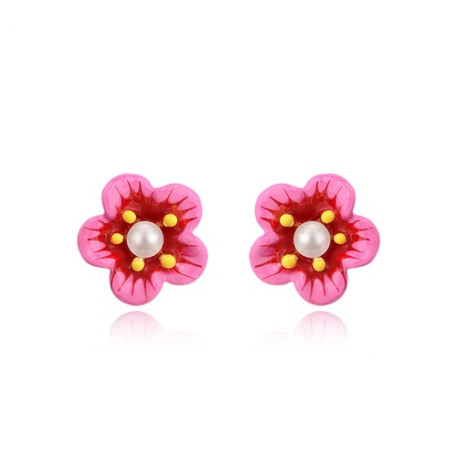 Pink Blossom Flower With Pearl Enamel Stud Earrings Jewelry Gift