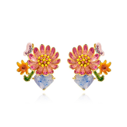 Pink Blossom Flower With Pearl Enamel Stud Earrings Jewelry Gift