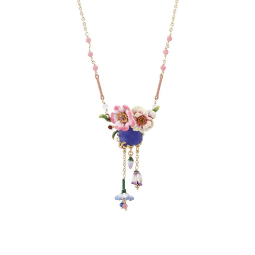 Flower And Blue Stone Tassel Pendant Enamel Necklace