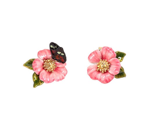 Pink Flower Butterfly Asymmetrical Enamel Earrings