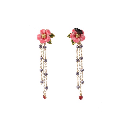 Pink Butterfly Flower Asymmetrical Tassel Enamel Earrings