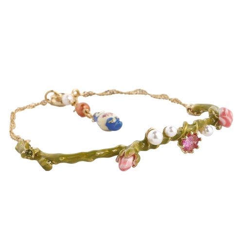 Flower Branch And Pearl Enamel Thin Bracelet