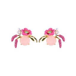 Pink Butterfly Flower Asymmetrical Tassel Enamel Earrings