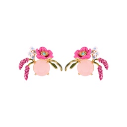 Pink Butterfly Flower Asymmetrical Tassel Enamel Earrings
