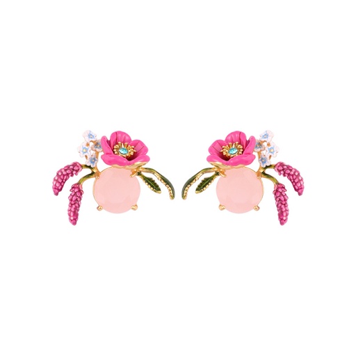 Pink Butterfly Flower Asymmetrical Tassel Enamel Earrings