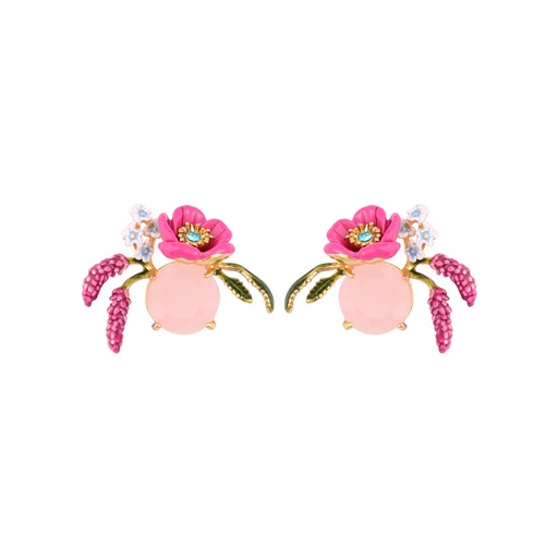 Pink Lavender Flower And Stone Enamel Earrings