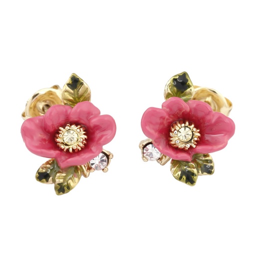 Pink Flower And Leaf Enamel Stud Earrings