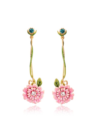 Pink Flower Green Leaf Pendant Gold Plated Jewelry Enamel Bracelet