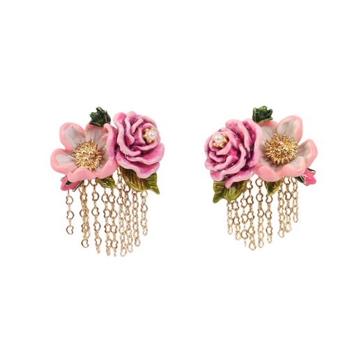 Pink Rose Flower Tassel Enamel Stud Earrings