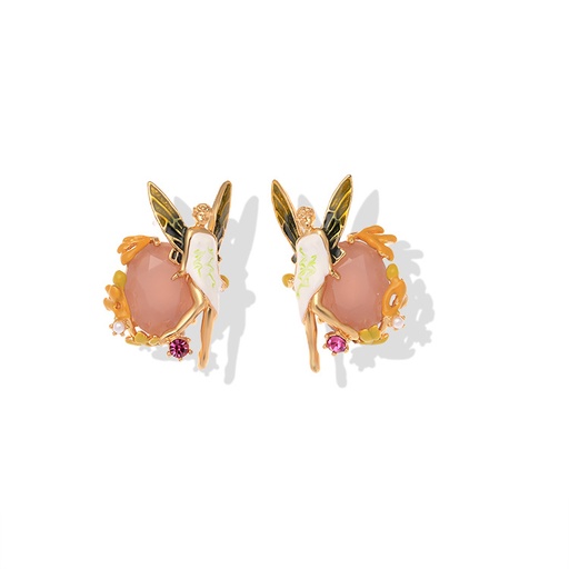 Pink Rose Flower Tassel Enamel Stud Earrings