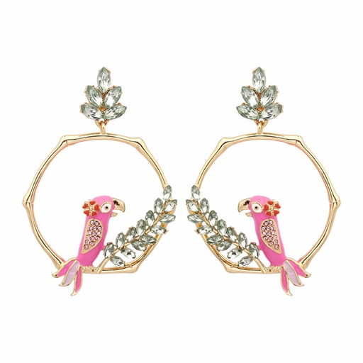 Pink Parrot Bird And Crystal Stud Enamel Earrings